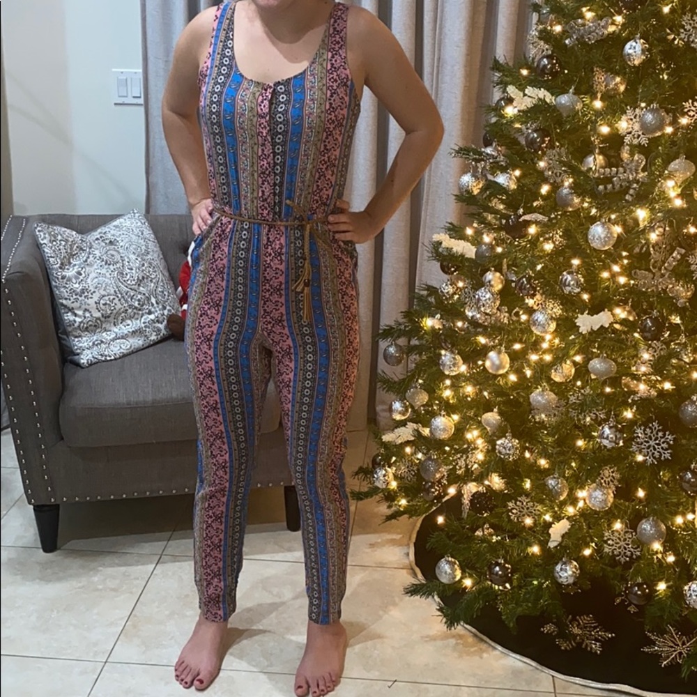 Paisley Printed pink Belted tank top Jumpsuit with Cutout Back